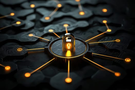 This image depicts a digital security concept with a lock at the center and multiple network connections, symbolizing data protection and cyber safety in modern technology.