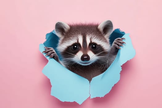 A delightful raccoon peeks through a tear in blue paper against a soft pink backdrop, capturing attention with its curious expression and playful charm.