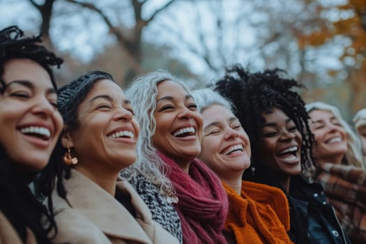 A joyful gathering of diverse women laughing together outdoors, showcasing friendship and natural beauty in a moment of genuine happiness and connection.