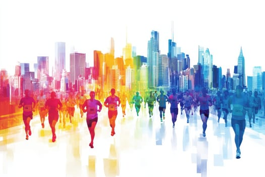 A dynamic city marathon scene featuring vibrant runners with a colorful urban skyline backdrop, capturing the energy and spirit of fitness and community.