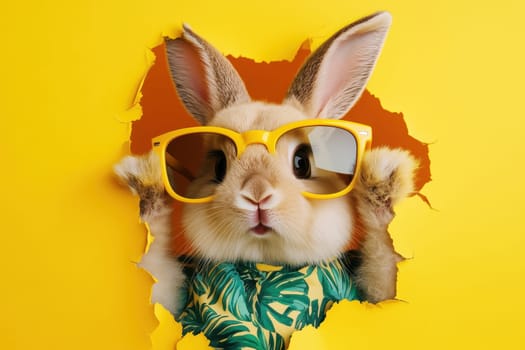 A charming rabbit emerges through a bright yellow wall, showcasing a playful expression while wearing stylish sunglasses and a tropical shirt.