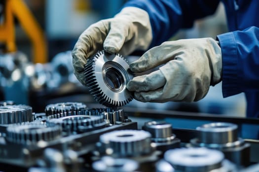 A worker is seen carefully assembling a gear in a factory setting, showcasing precision and attention to detail while handling metal components and tools.