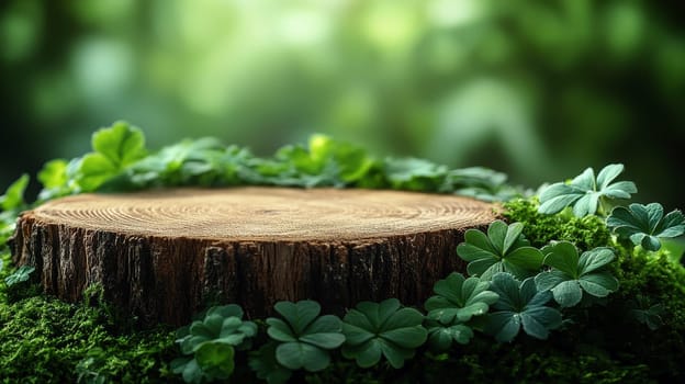 wooden podium for mockup Surrounded by Clover and Grass. patrick day concept..