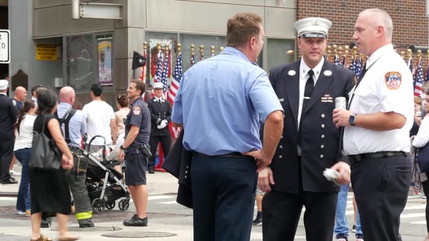 New York City, United States - 11 September 2023: Firefighters celebrate Patriot Day. 911 memorial remembrance event, FDNY commemorate anniversary. Fire Department Station, Manhattan 10 Ten Firehouse.