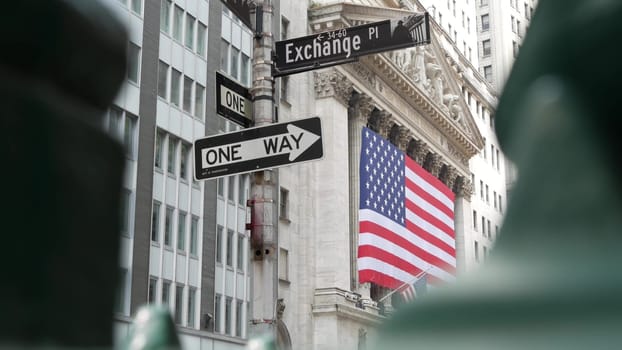 New York City, United States - 9 Sept 2023: Manhattan Downtown Financial District. Wall street. Exchange and Broad corner sign. Stock Exchange, USA Stock Market. Crossroad intersection. American flag.