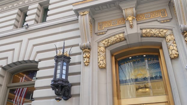 New York City, United States - 6 Sept 2023: Grand Lodge of Masons building facade on Manhattan street. Freemasons headquarters architecture. Masonry organization in NYC, USA. Masonic Hall exterior.