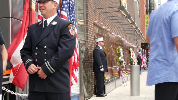 New York City, United States - 11 September 2023: Firefighters celebrate Patriot Day. Guard honoring 911, Memorial wall, FDNY commemorate anniversary. Fire Depart Station, Manhattan 10 Ten Firehouse.