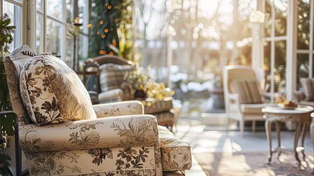 Colorful pillows on sofa against glass wall of window in a winter garden or conservatory. Interior textile concept. High quality photo