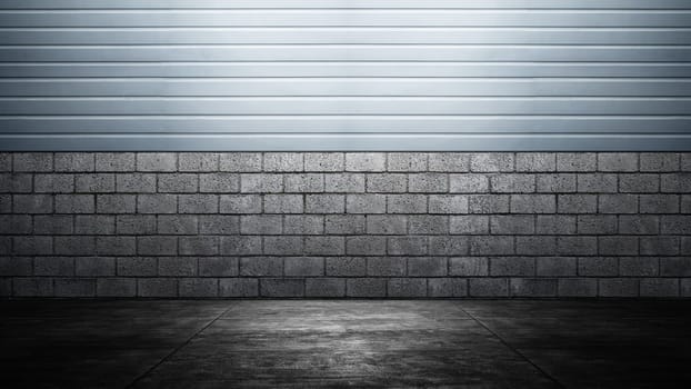 Wall with plastered concrete floor. Abstract pattern of the wall with brick and horizontal ribbed lines. Mockup. Copy space. Wallpaper or texture background