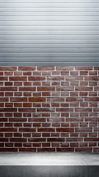 Wall with white shelf. Abstract pattern of the wall with brick and horizontal ribbed lines. Mockup. Copy space. Wallpaper or texture background