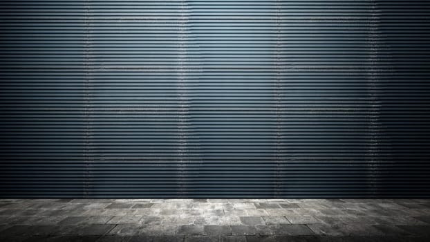 Black metal sheet wall with plastered concrete floor. Abstract pattern of a corrugated metal wall. Mockup. Copy space. Wallpaper or texture background