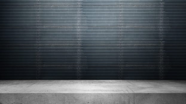 Black metal sheet wall with white shelf. Abstract pattern of a corrugated metal wall. Mockup. Copy space. Wallpaper or texture background