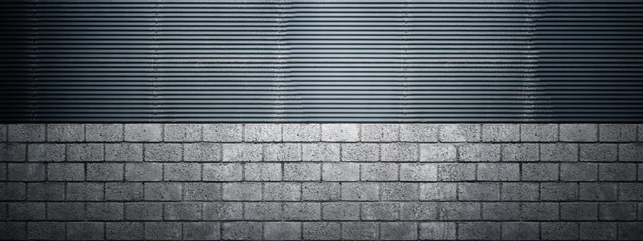 Closeup view of a black wall. Abstract pattern of a brick and corrugated metal wall. Mockup. Copy space. Wallpaper or texture background