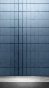Closeup view of the gray wall with white shelf. Abstract pattern of a tiled wall. Mockup. Copy space. Wallpaper or texture background
