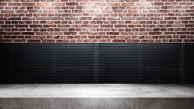 Wall with white shelf. Abstract pattern of a brick and corrugated metal wall. Mockup. Copy space. Wallpaper or texture background