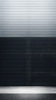 Wall with white shelf. Abstract pattern of horizontal ribbed lines and corrugated metal wall. Mockup. Copy space. Wallpaper or texture background
