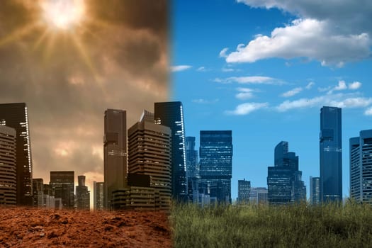 View of cityscapes with skyscrapers and modern buildings in different weather. Concepts of environmental protection, climate change, global warming, or net zero carbon neutral