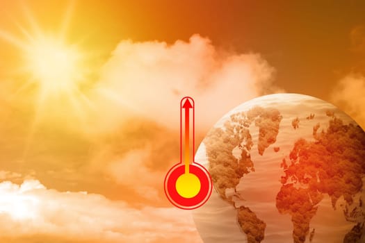 Earth with sign a thermometer with a high or heat temperature indicator. Concepts of environmental protection, climate change, or global warming