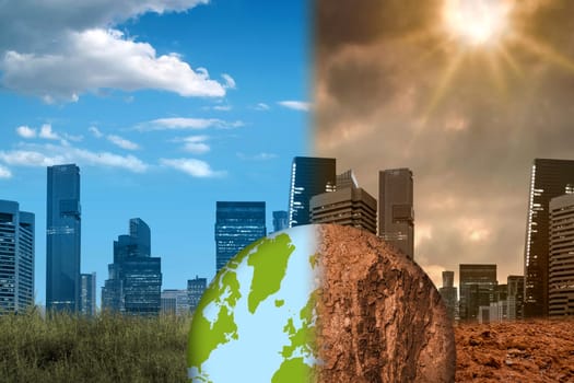 Earth with a view of cityscapes with skyscrapers and modern buildings in different weather. Concepts of environmental protection, climate change, global warming, or net zero carbon neutral