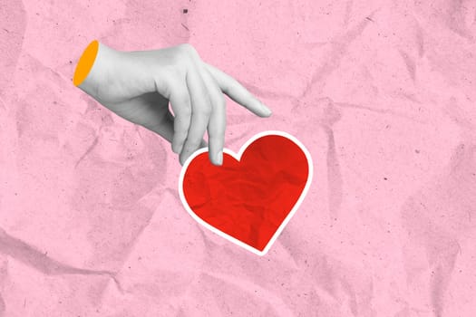 A human hand holding a red heart on a colored background. Concept of Valentine Day. Collage art
