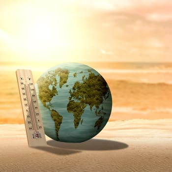 Earth and an analog thermometer with a high or heat temperature indicator. Concepts of environmental protection, climate change, or global warming