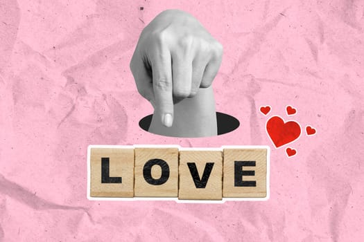 A human hand showing a text of love on wooden cubes on a colored background. Concept of Valentine Day. Collage art