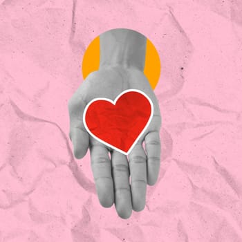 A human hand holding a red heart on a colored background. Concept of Valentine Day. Collage art