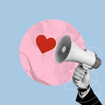 Business hand holding megaphone with red heart on a colored background. Concept of Valentine Day. Collage art