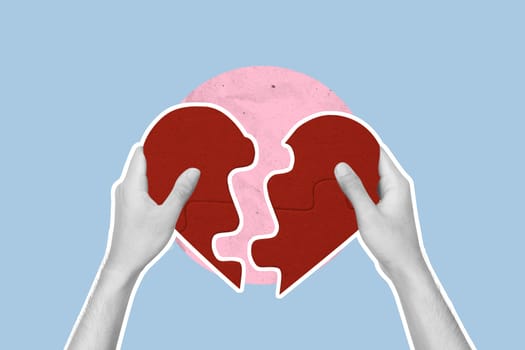 A human hand builds a puzzle of a red heart on a colored background. Concept of Valentine Day. Collage art