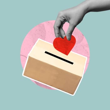 A human hand put a red heart to donate a box on a colored background. Concept of life and health insurance, donation or charity. Collage art