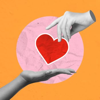 A human hand gives a red heart to others on a colored background. Concept of Valentine Day. Collage art