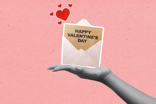 A human hand holding an envelope with the text of Happy Valentine Day and a red heart on a colored background. Concept of Valentine Day. Collage art