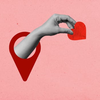 A human hand holding a red heart on a colored background. Concept of Valentine Day. Collage art