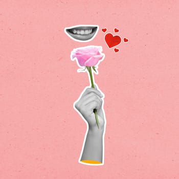 A human hand holding a pink rose flower with a red hearts on a colored background. Concept of Valentine Day. Collage art