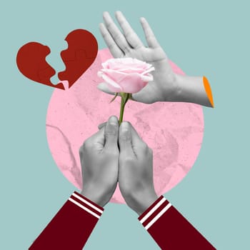 A woman hand refuses a pink rose flower from a man with a heartbreak symbol on a colored background. Concept of Valentine Day. Collage art