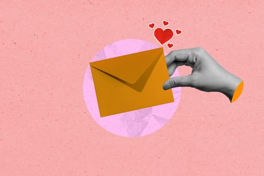 A human hand holding an envelope with red hearts on a colored background. Mockup, copy space, or template. Concept of Valentine Day. Collage art