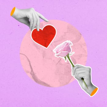 A human hand holding a pink rose flower and a red heart on a colored background. Concept of Valentine Day. Collage art