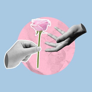 A human hand giving a pink rose flower to another on a colored background. Concept of Valentine Day. Collage art