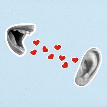 People talking love to others on a colored background. Concept of Valentine Day. Collage art