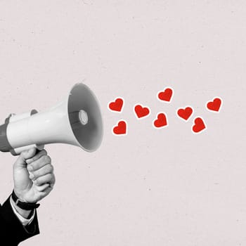 Business hand holding megaphone with red hearts on a colored background. Concept of Valentine Day. Collage art