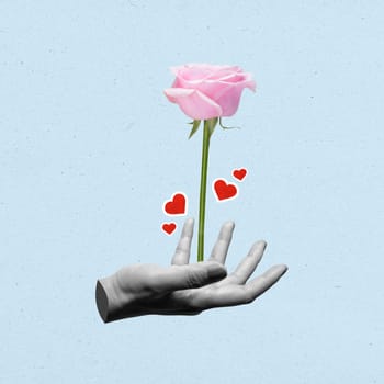 A human hand holding a pink rose flower with a red hearts on a colored background. Concept of Valentine Day. Collage art