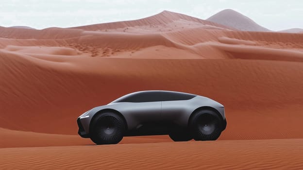 Futuristic silver electric suv car driving through a red sand desert with large wheels. The car is surrounded by sand dunes