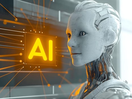 A highly advanced humanoid robot interacts with an illuminated AI interface, symbolizing artificial intelligence, machine learning, and future technology. A concept of robotics and digital evolution.