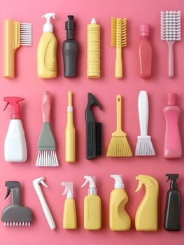 A neatly arranged collection of cleaning supplies, including brushes, spray bottles, and scrubbers, in pink, yellow, and black tones on a vibrant pink background, creating a visually appealing composition.