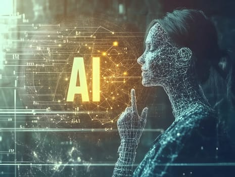 A conceptual image of a woman integrated with digital data, symbolizing artificial intelligence, technology, and the future of human-machine interaction in a cybernetic world. Ideal for AI, innovation, and technology themes.