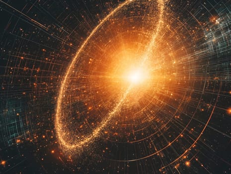 Abstract digital artwork of a radiant cosmic energy sphere surrounded by luminous light trails. Representing space, technology, and futuristic concepts. Ideal for innovation, AI, and sci-fi themes