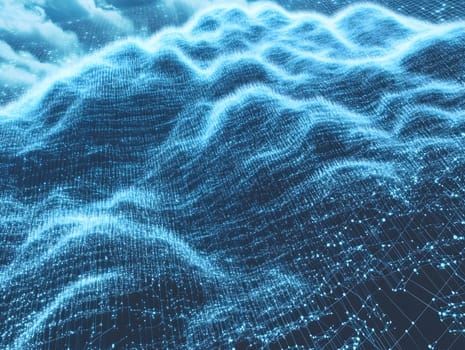 Abstract representation of a digital landscape with glowing data waves and a cybernetic grid. Symbolizing technology, big data, artificial intelligence, and futuristic digital environments. Perfect for innovation and tech concepts