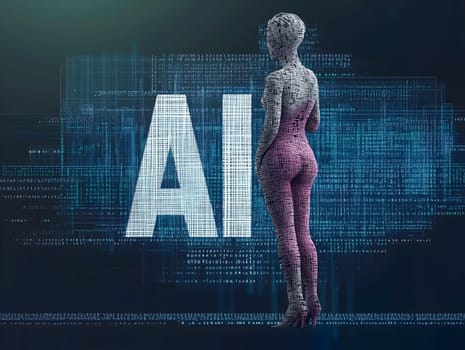A futuristic AI woman standing in a digital environment, surrounded by technology and data, representing artificial intelligence, machine learning, and the future of innovation in cyberspace.