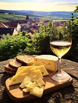 Board with cheeses, white wine in glass, bread and grapes. Still life of table for tasting cheese and wine, cozy romantic atmosphere, outdoor village panorama on a warm sunny day AI