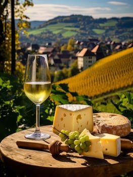 Board with cheeses, white wine in a glass and grapes. Still life of table for tasting cheese and wine, cozy romantic atmosphere, outdoor village panorama on a warm sunny day AI